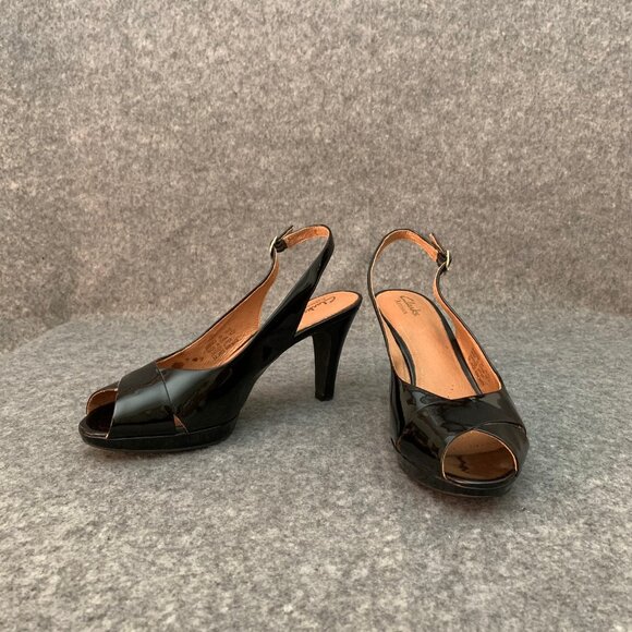 Clarks Artisan Women's Patent Leather Black Shoes Sling Back Heel Peep Toe Shoes - Picture 3 of 12